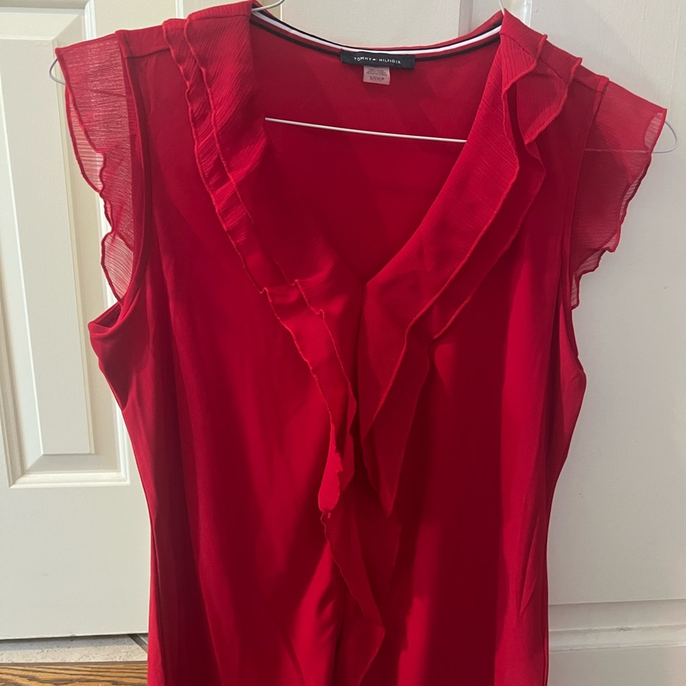 Tommy Hilfiger Red Ruffled Flutter Sleeve Blouse